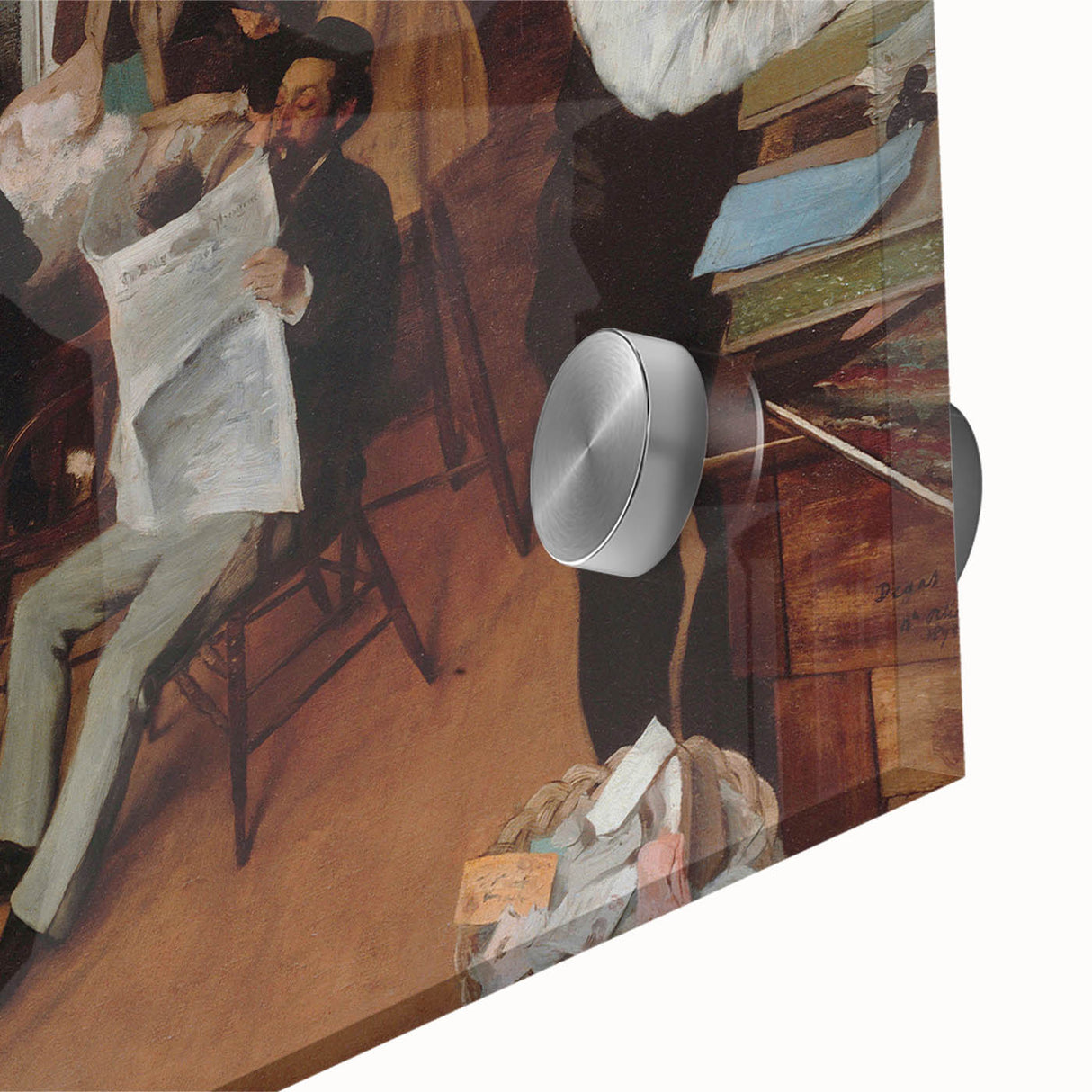 Mid-century modernist acrylic glass print of an abstract design in muted earth tones, ideal for dining room art.
