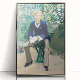Mid-century modernist art by Edouard Manet, featuring muted earth tones on silver-framed acrylic.