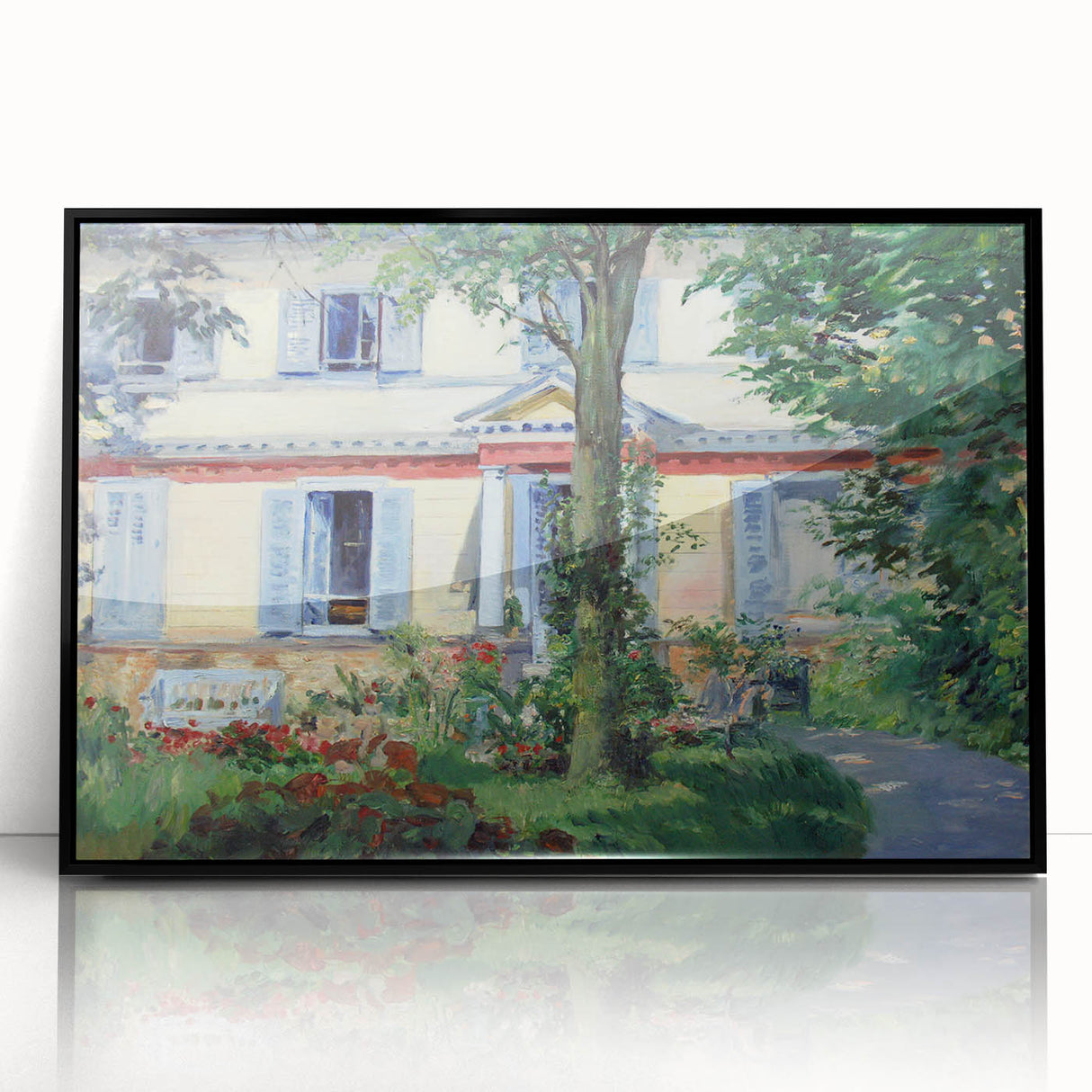 Large abstract wall art in a black frame featuring mid-century modernist influences, ideal for modern art wall decor.