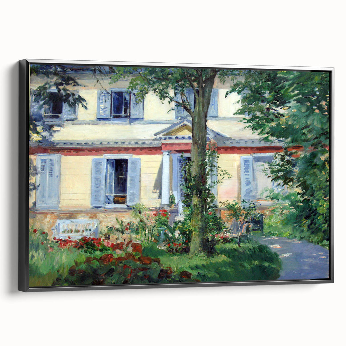 Black and white vintage poster art of a landscape painting on framed canvas, ideal for bedroom wall decor.