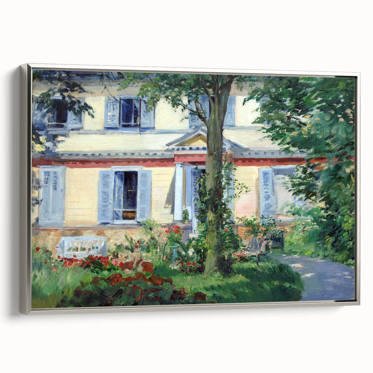 Vintage poster art of a colorful landscape painting on a black framed canvas.