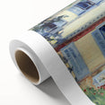 Art Deco style poster of an abstract cityscape in muted gray and blue tones on rolled canvas.