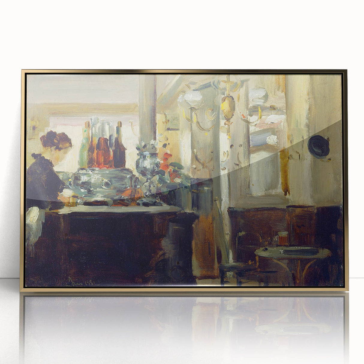 Large art print of an Edouard Manet painting in a gold frame, featuring muted colors, ideal for modern art wall decor.