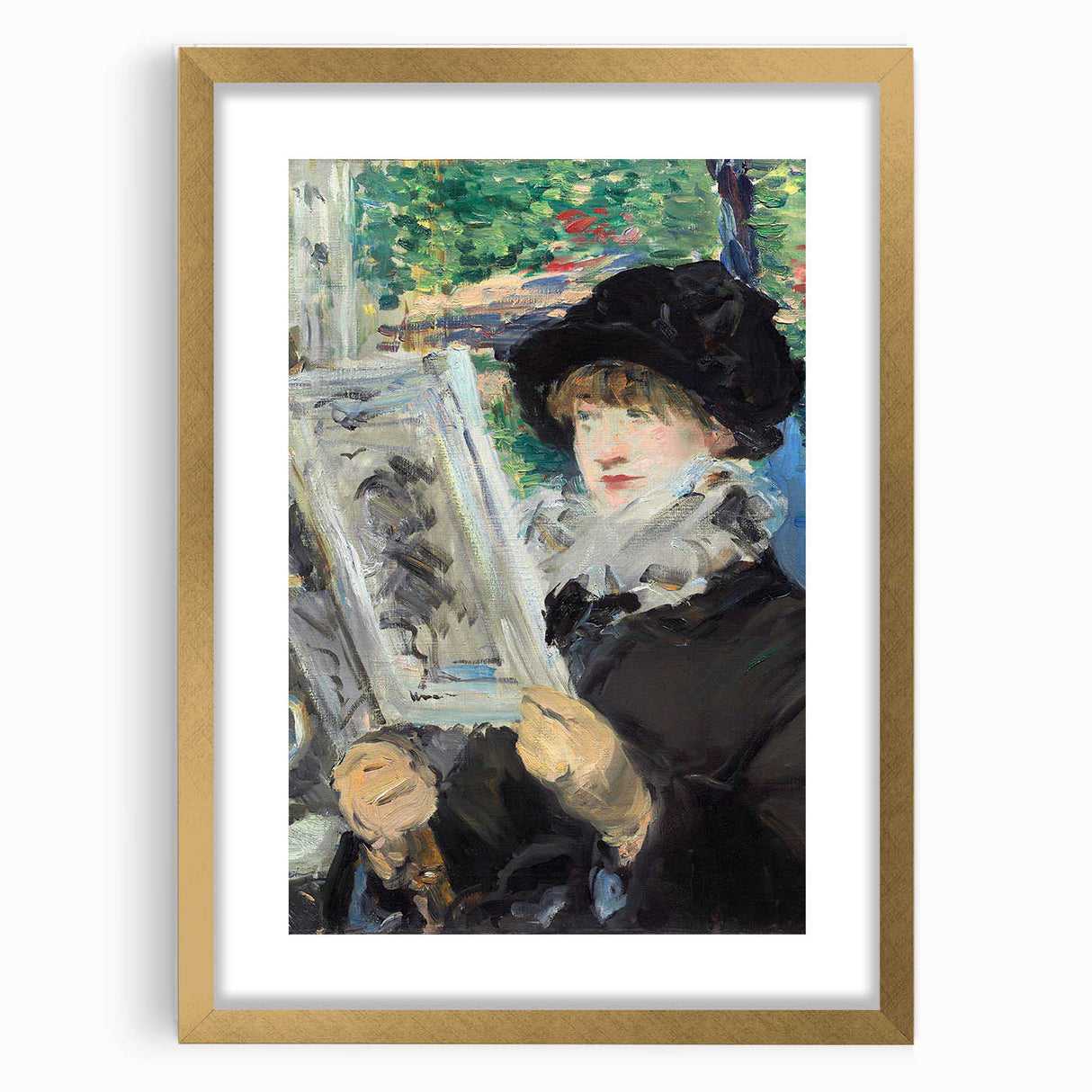 Extra large abstract art print of an Edouard Manet design in a gold frame, featuring textured strokes and muted colors.