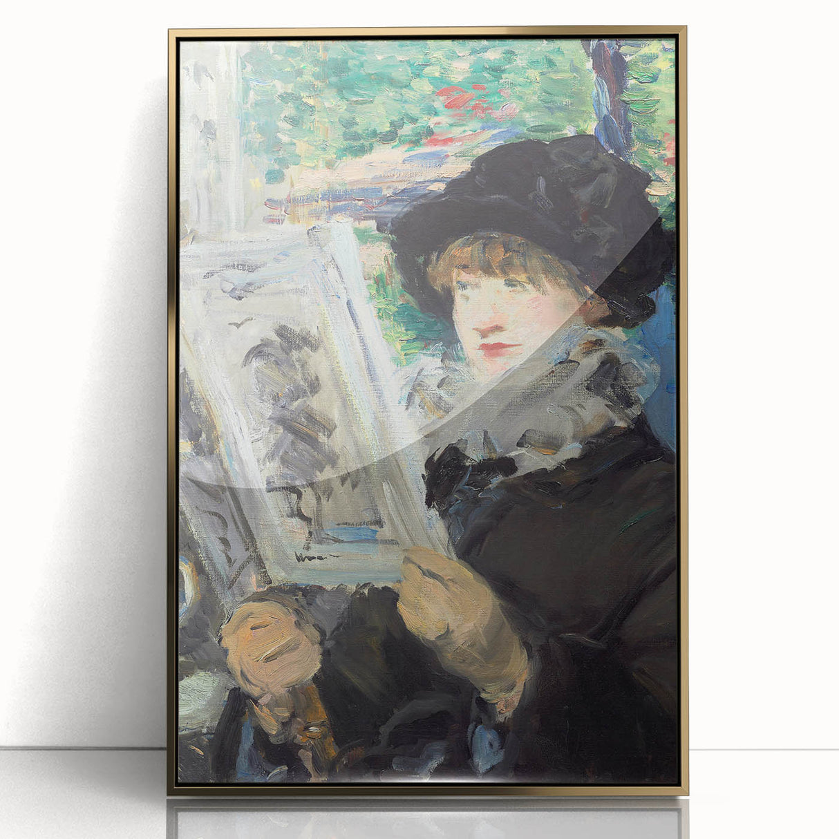 Framed acrylic print of Edouard Manet's artwork in gold, featuring mid-century modernist style.