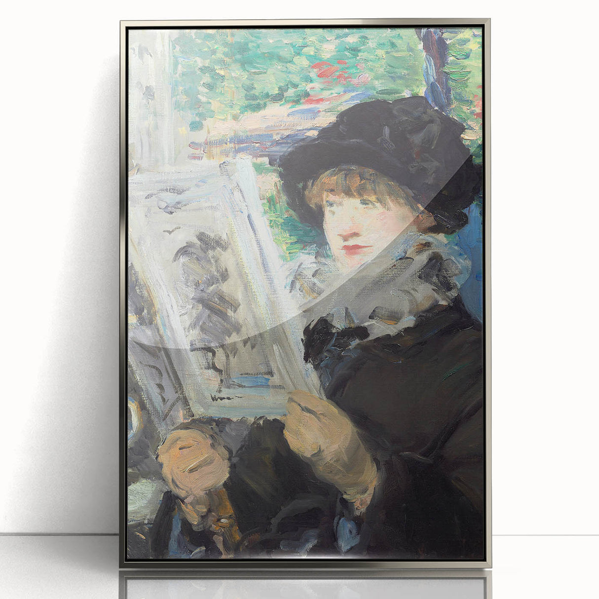Mid-century modernist art by Édouard Manet, featuring a silver-framed acrylic print with muted colors.
