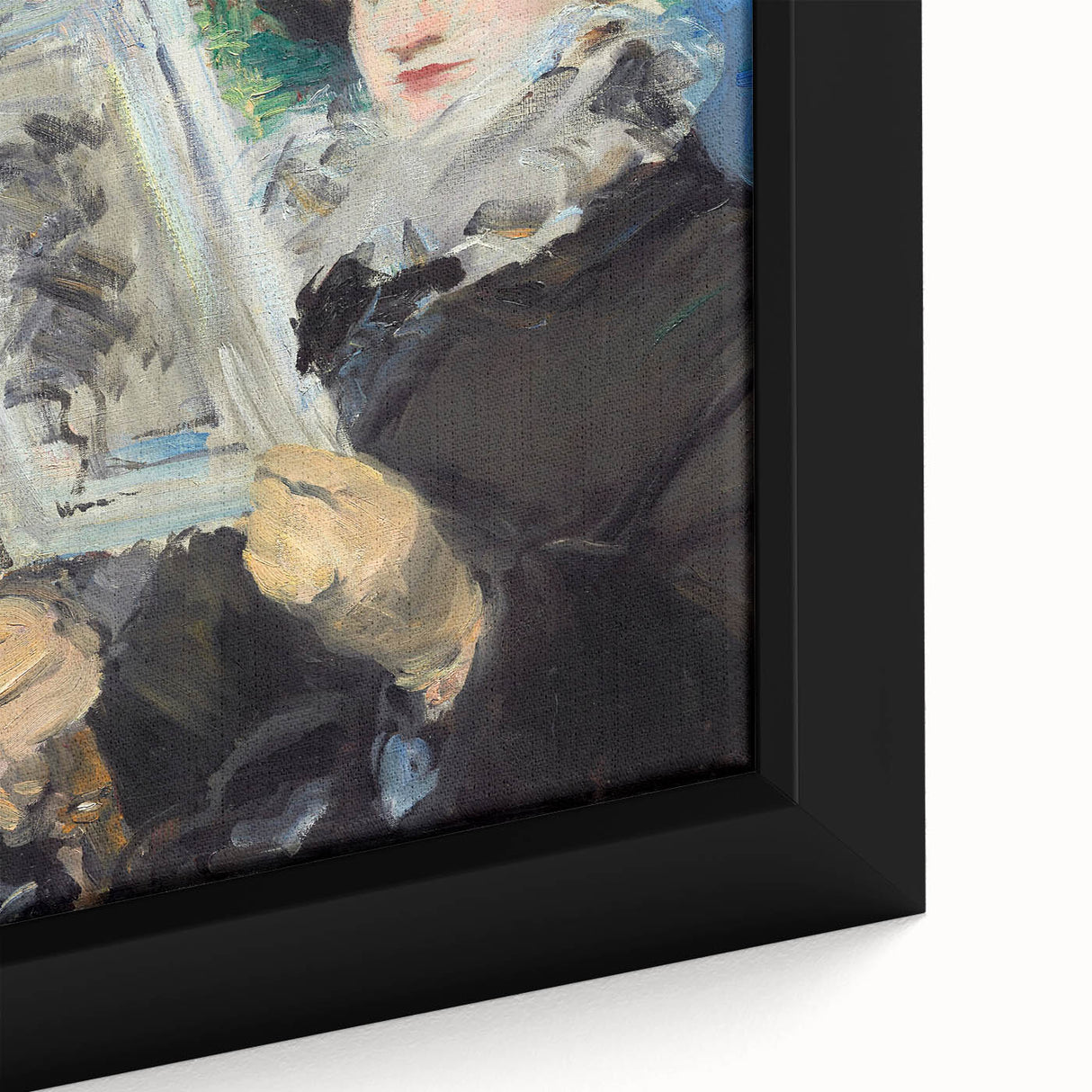 Extra large framed canvas featuring a close-up of an Edouard Manet painting with textured black and colorful art.