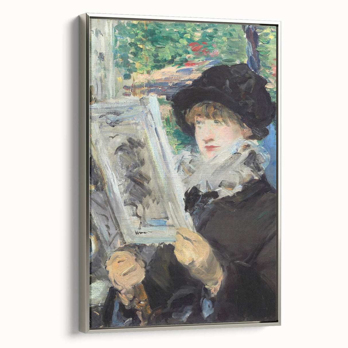 Framed canvas featuring Edouard Manet's landscape art painting with colorful yet muted tones, ideal for vintage-style decor.