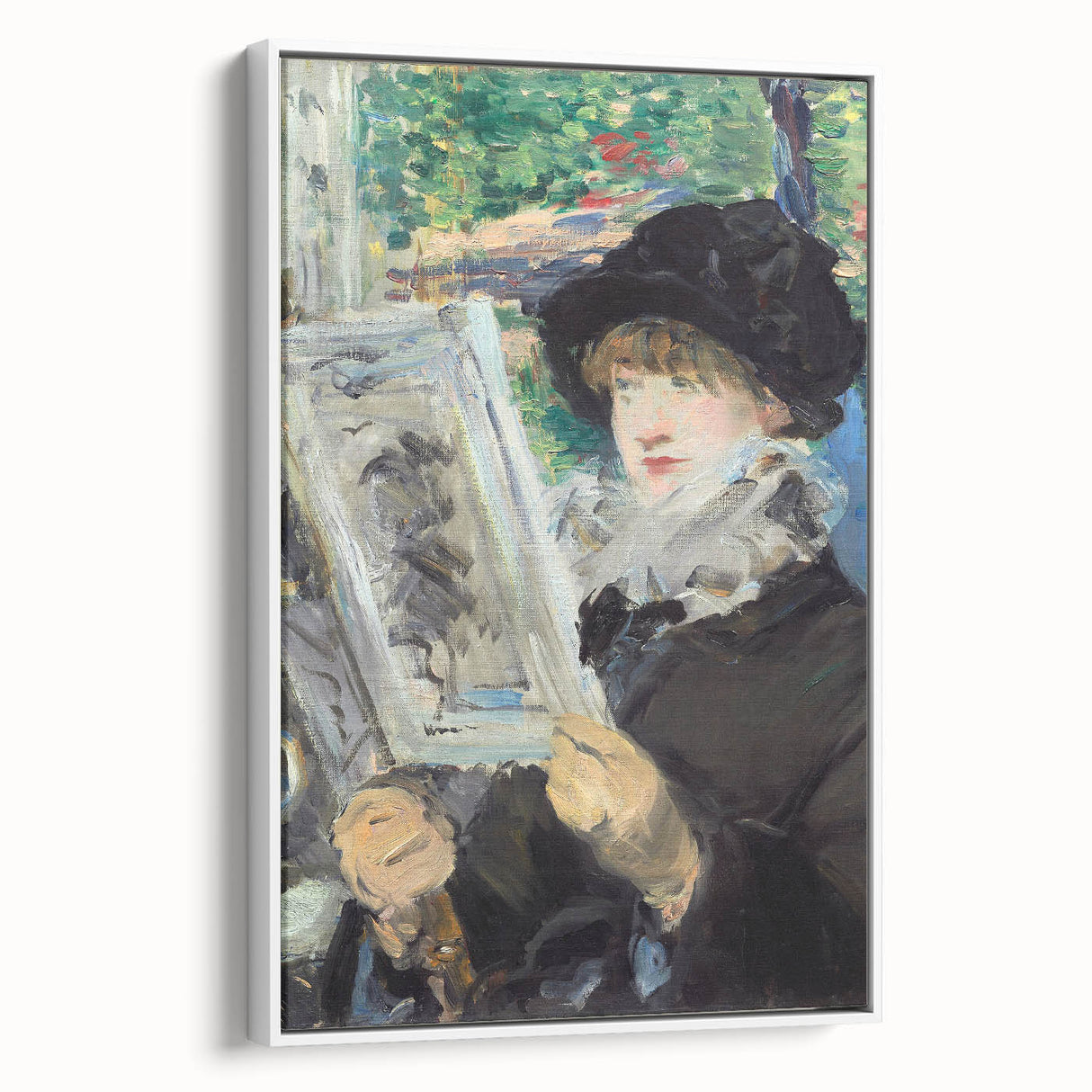 Vintage poster art of Edouard Manet's painting on a framed canvas, featuring colorful art with black accents.
