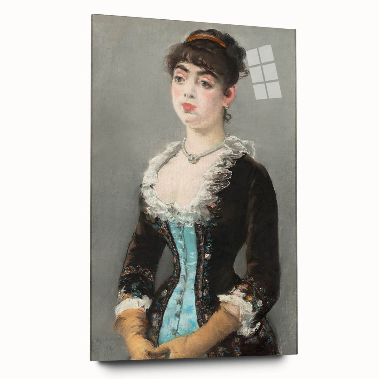 Side view of an Edouard Manet-inspired large abstract wall art on acrylic glass, featuring soft pastel shades.