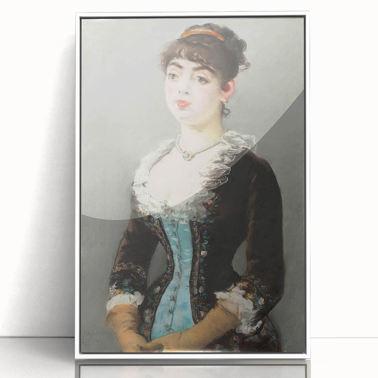 Edouard Manet-inspired art deco poster in muted tones on white acrylic frame, suitable for modern art wall decor.