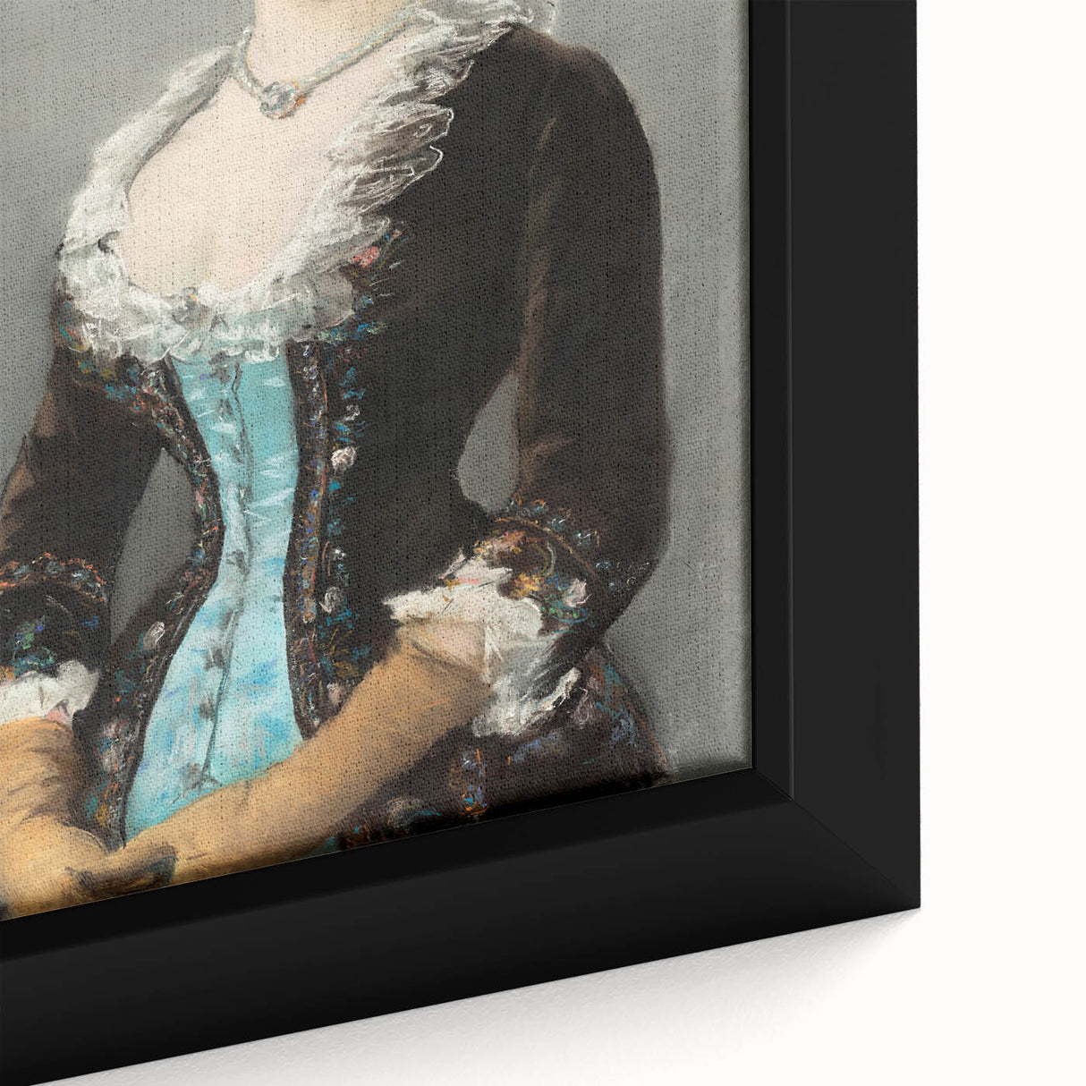 Close-up of a framed canvas featuring an impressionist painting by Edouard Manet, with textured black and colorful art.