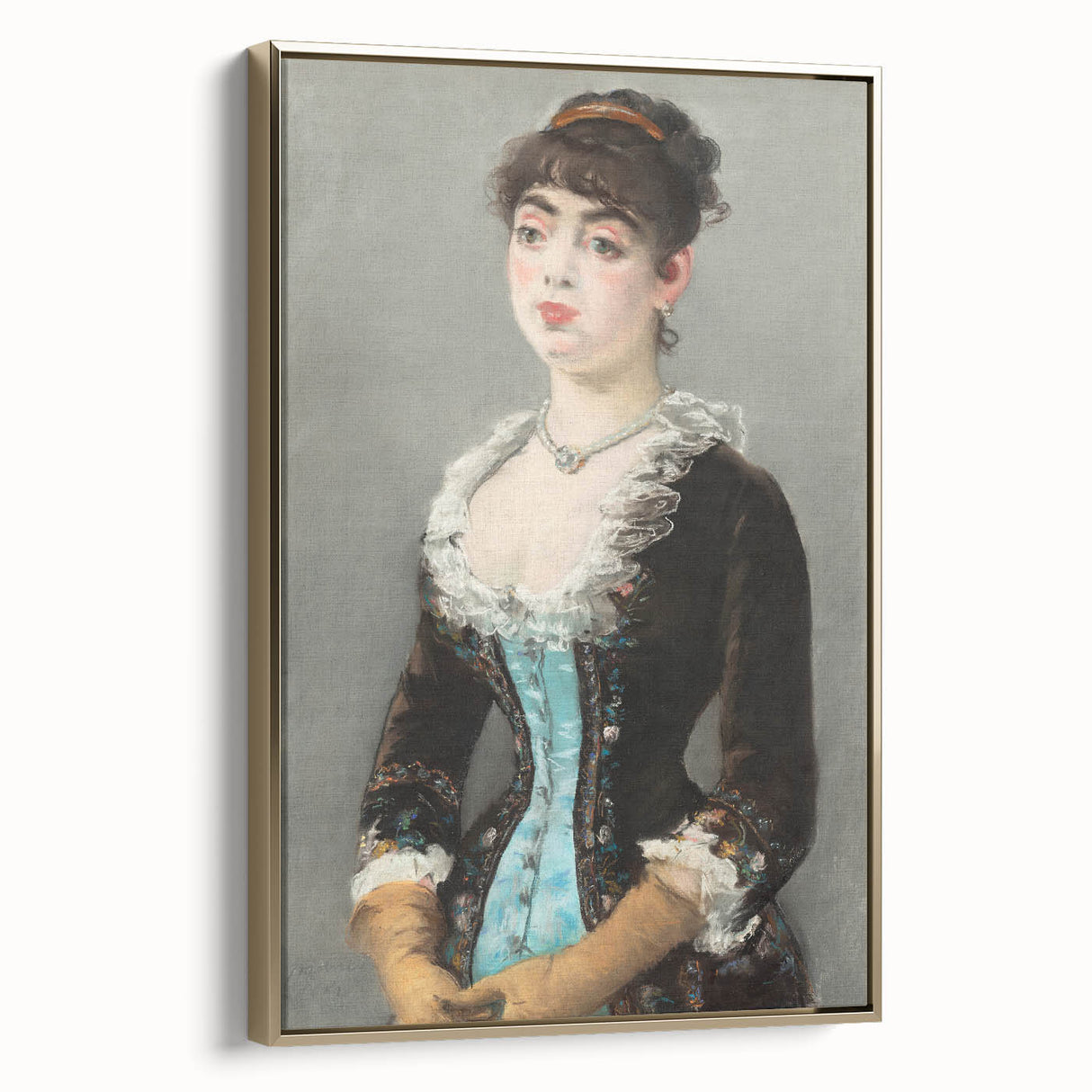 Edouard Manet landscape painting on a black vintage poster, framed in gold, ideal for bedroom wall art.
