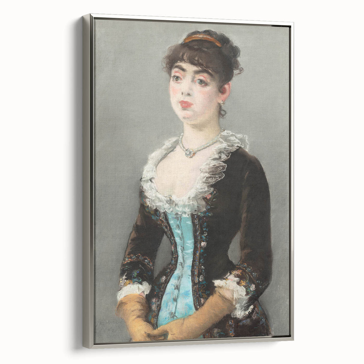 Vintage poster art of a colorful landscape painting on a framed canvas, featuring a black wall art style.