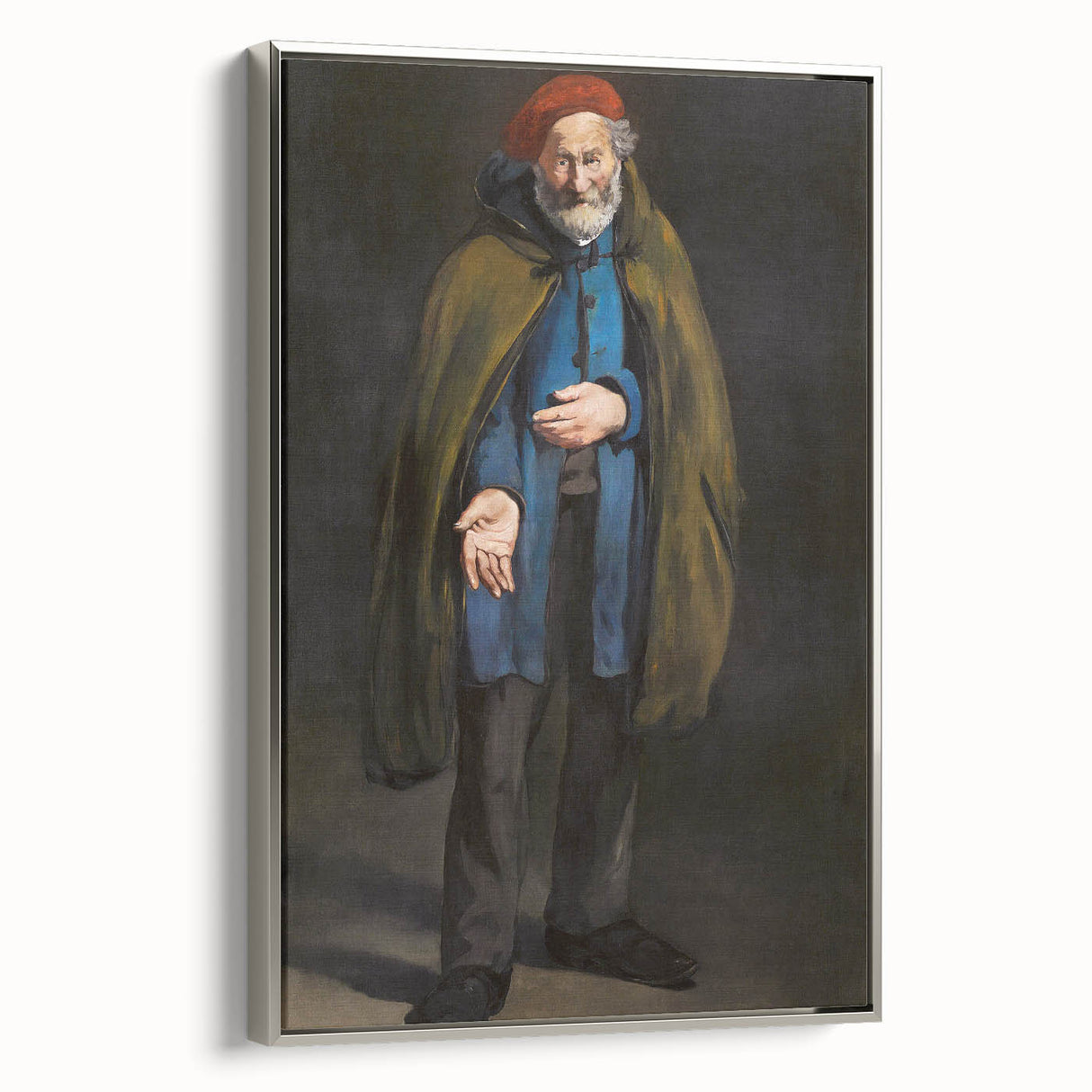 Framed canvas featuring a vintage landscape art painting with colorful elements on a black background.