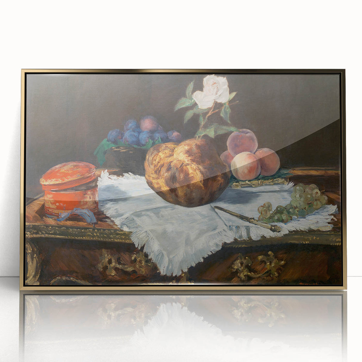 Large art print of an Edouard Manet painting featuring neutral and earth tones, framed in gold acrylic.