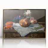 Large art print of an Edouard Manet painting featuring neutral and earth tones, framed in gold acrylic.