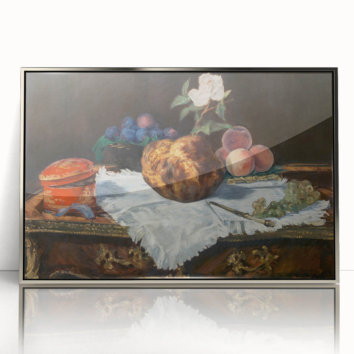 Mid-century modernist art by Edouard Manet, featuring muted tones in a silver-framed acrylic, ideal for nursery wall art.