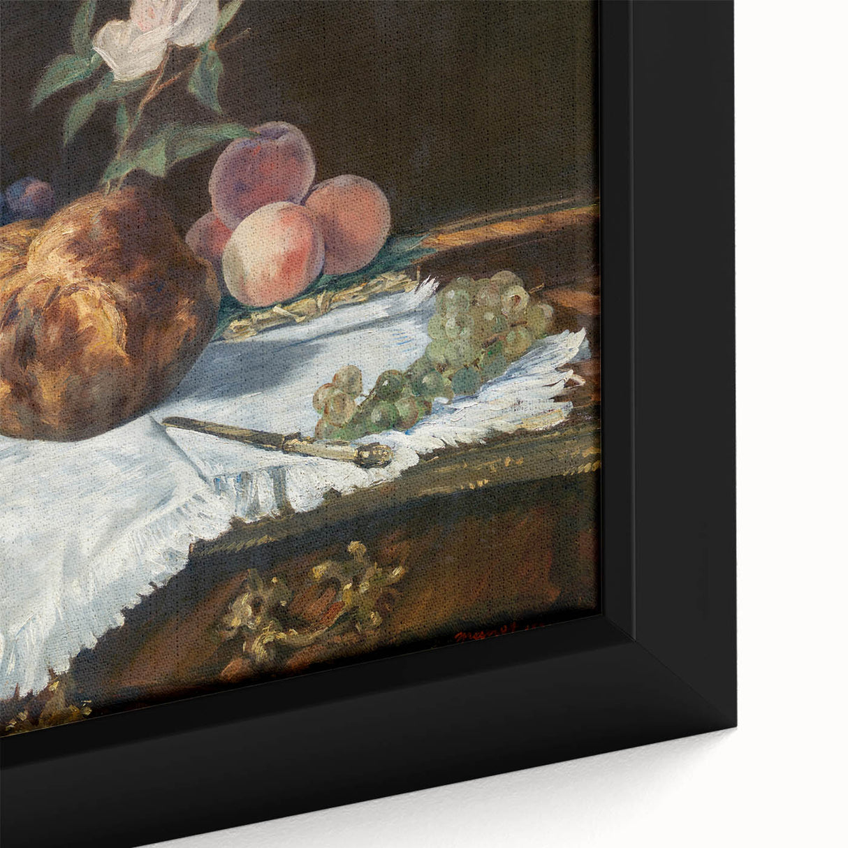 Close-up of a black framed canvas featuring a colorful, textured depiction of Edouard Manet's impressionist style.