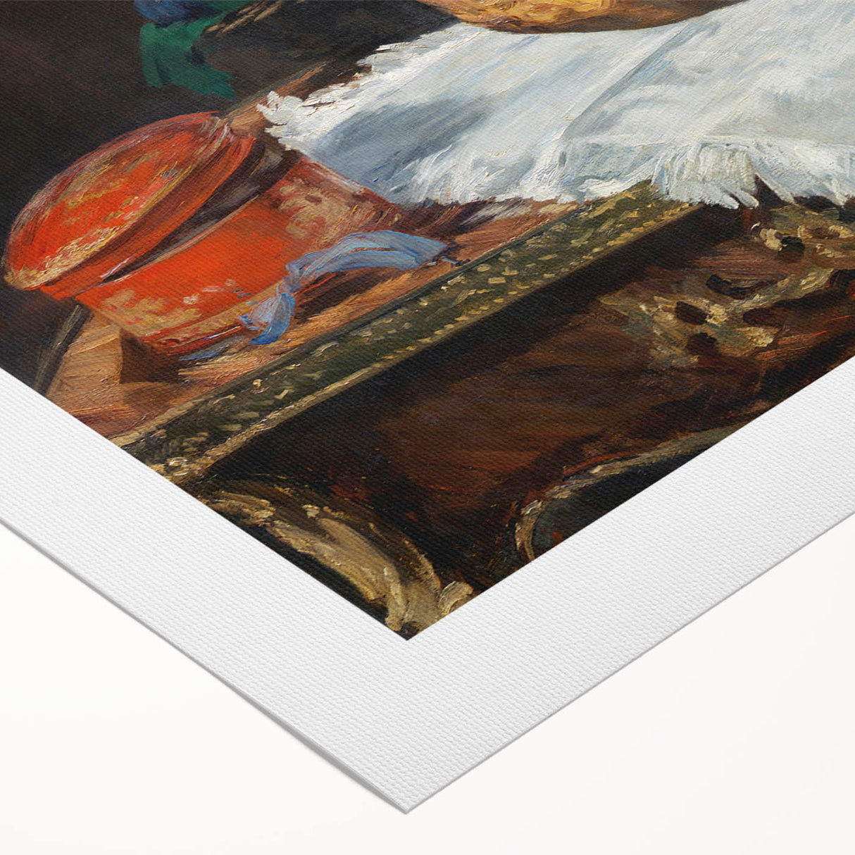 Art deco poster featuring a stylized portrait of Edouard Manet, in muted earth tones on rolled canvas.