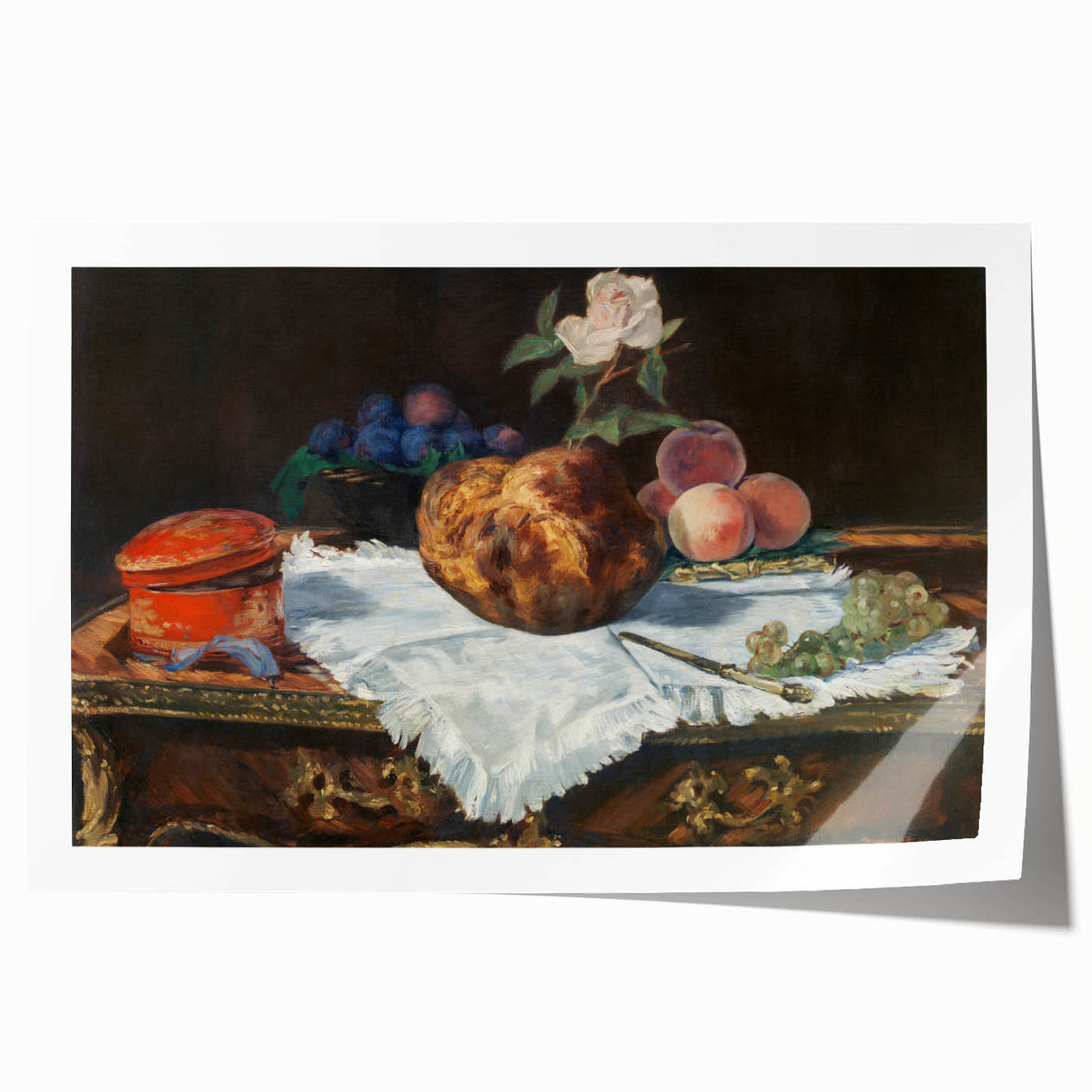 Edouard Manet floral painting in muted earth tones on rolled canvas, suitable as art wall dining room decor.