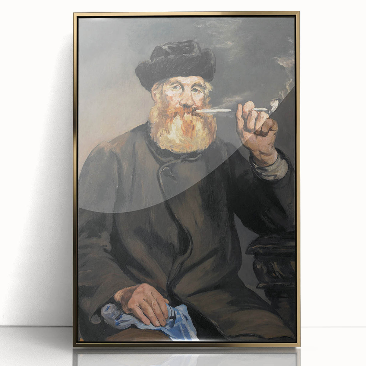 Large art print of an Edouard Manet painting, featuring soft pastel shades, framed in gold acrylic.