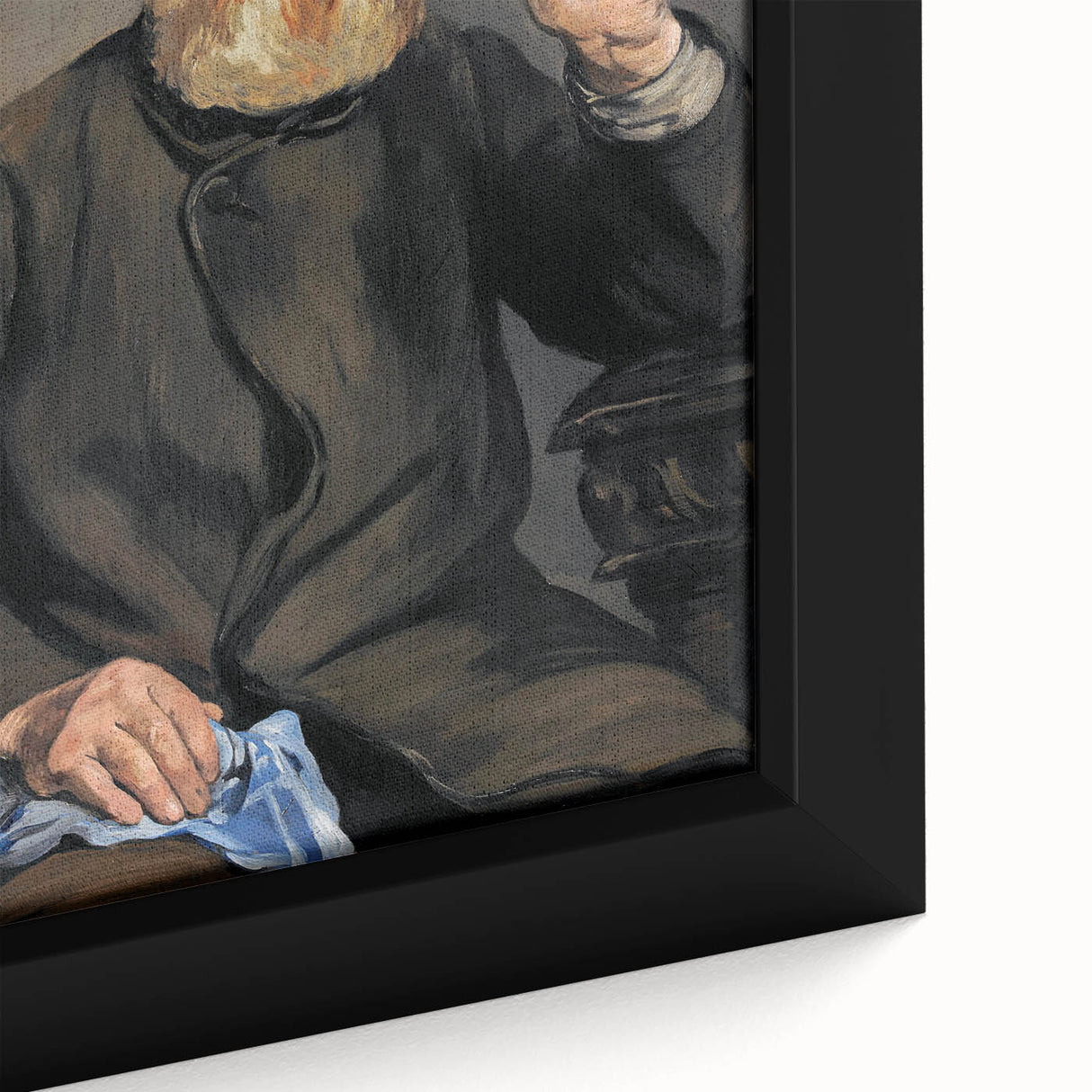 Close-up of a framed canvas featuring Edouard Manet's black wall art with colorful, textured brush strokes.