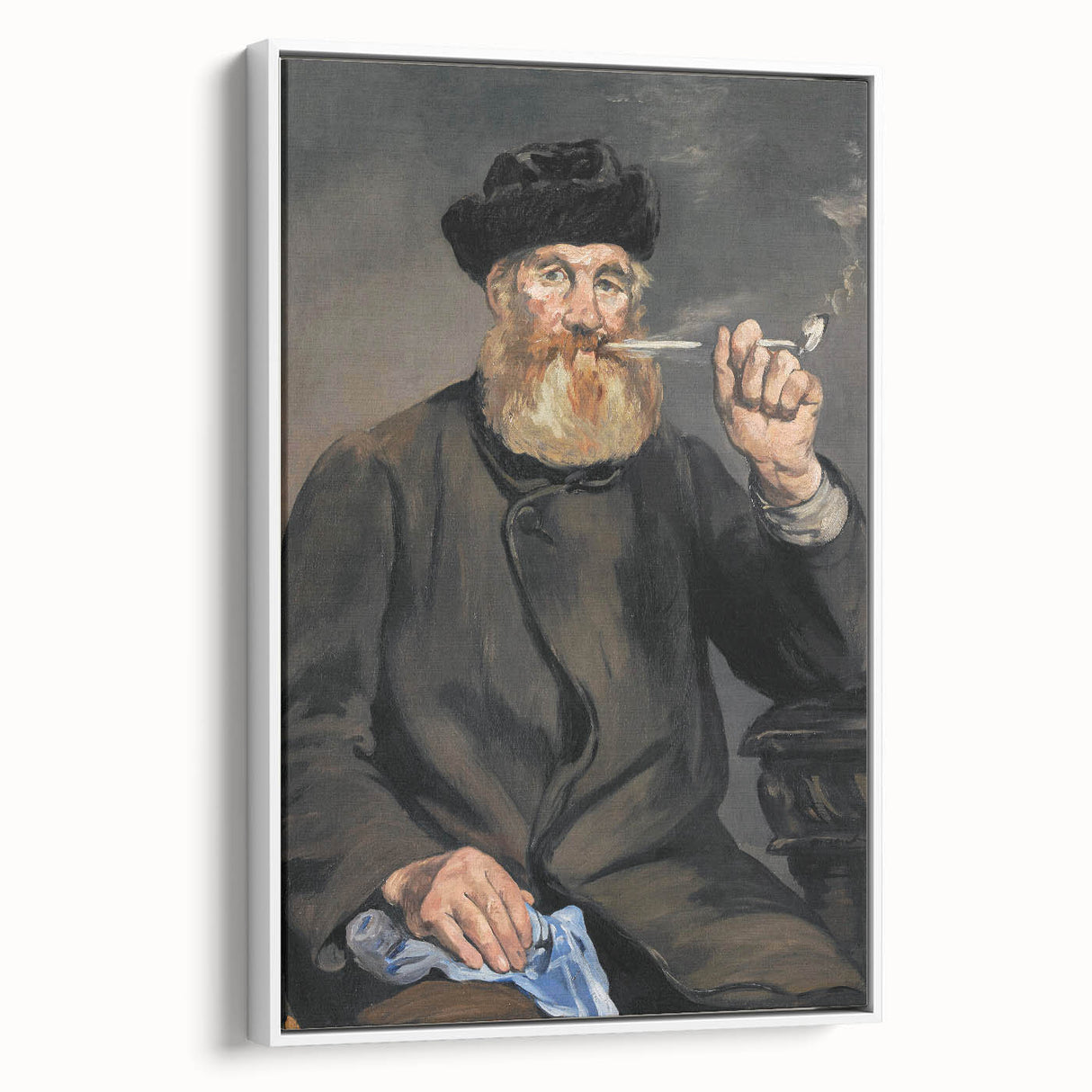 Vintage poster art of a colorful Edouard Manet painting, framed canvas in white, suitable for large living room walls.