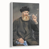 Vintage poster art of a colorful Edouard Manet painting, framed canvas in white, suitable for large living room walls.