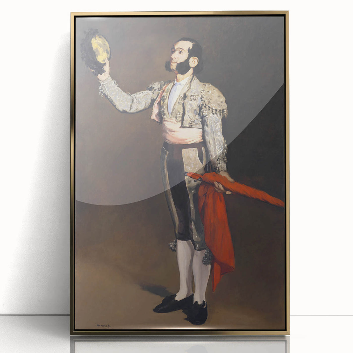 Large art print of an Edouard Manet painting, mid-century modernist style, framed in gold acrylic.