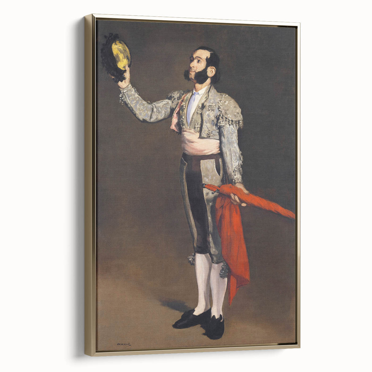 Framed canvas featuring Edouard Manet's landscape painting in black and gold tones, ideal for bedroom wall art.