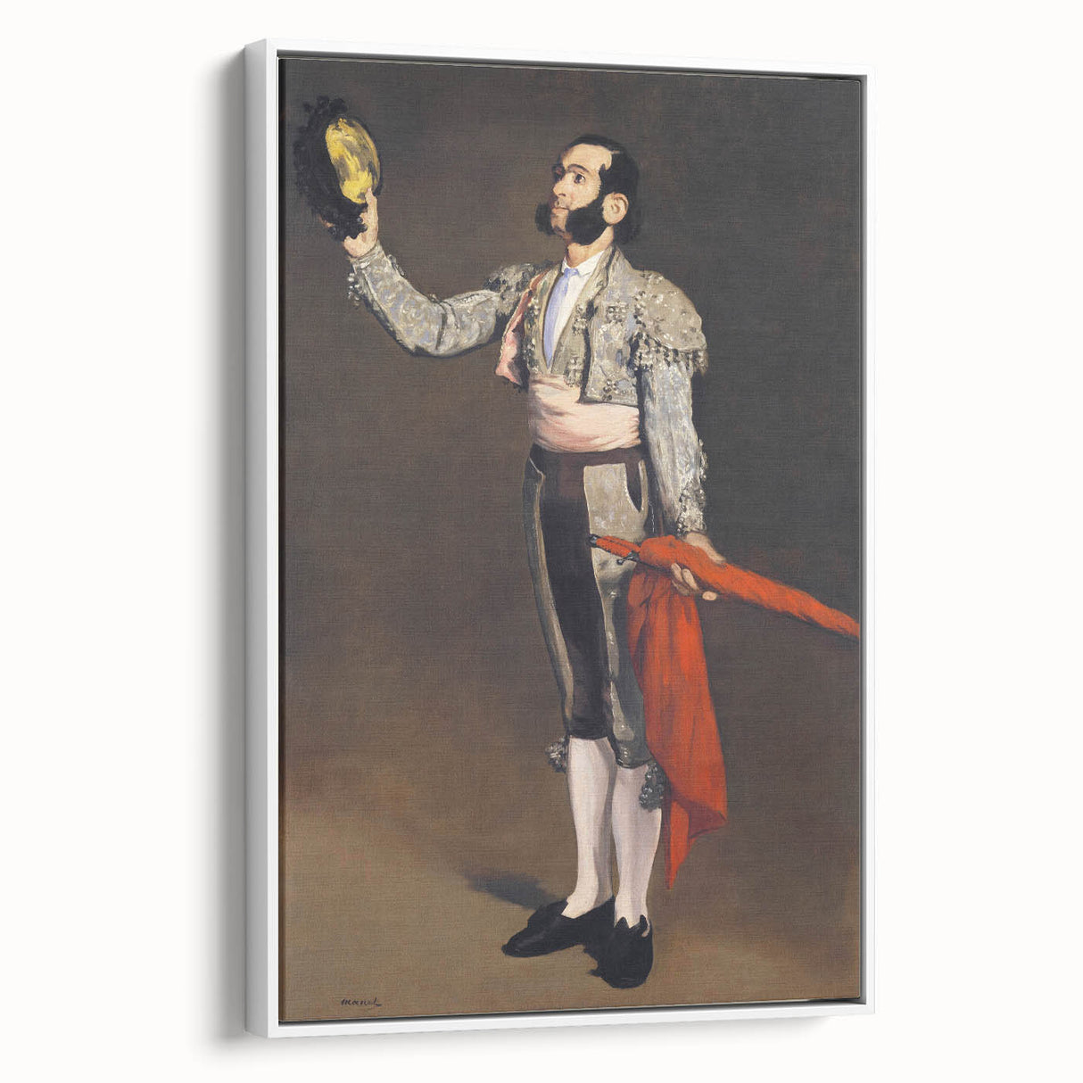 Vintage poster art of a colorful Edouard Manet painting in a large black frame, ideal for living room decor.