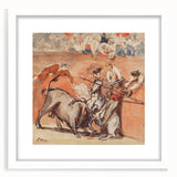 Abstract art print of Edouard Manet's work in white frame, featuring muted blue and gray tones, ideal for dining room decor.