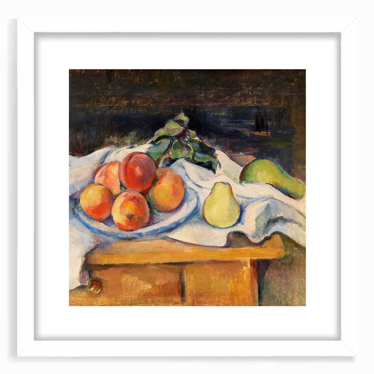 Abstract art print of a Paul Cézanne design on a white framed poster with vibrant color palette, ideal for dining room decor.