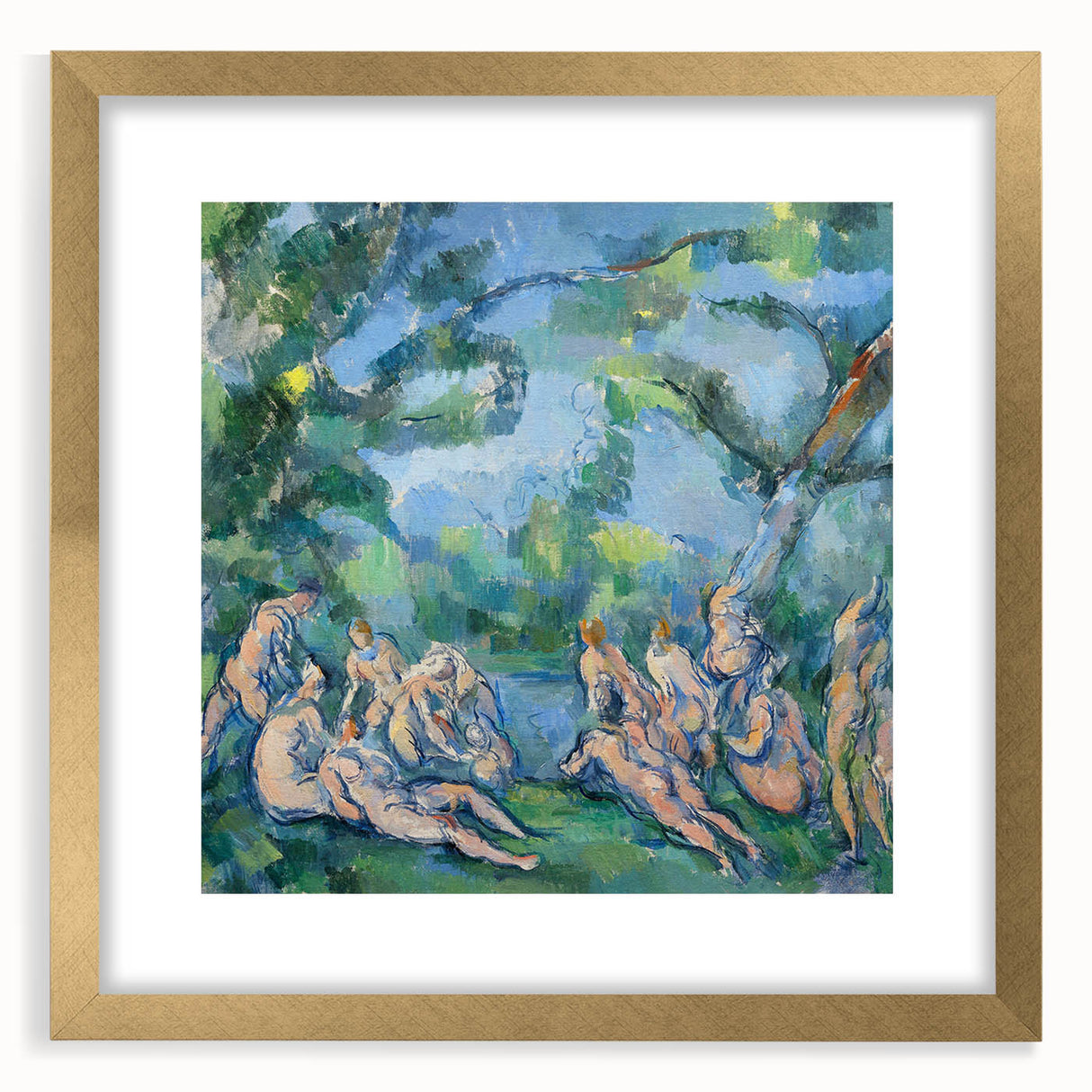 Extra large abstract art print featuring textured strokes in earth tones on a gold-framed canvas.