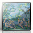 Large abstract wall art featuring a mid-century modernist style with bold colors on a black framed acrylic print.