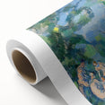 Art deco poster of a Paul Cézanne landscape on rolled canvas, featuring muted greens and blues.