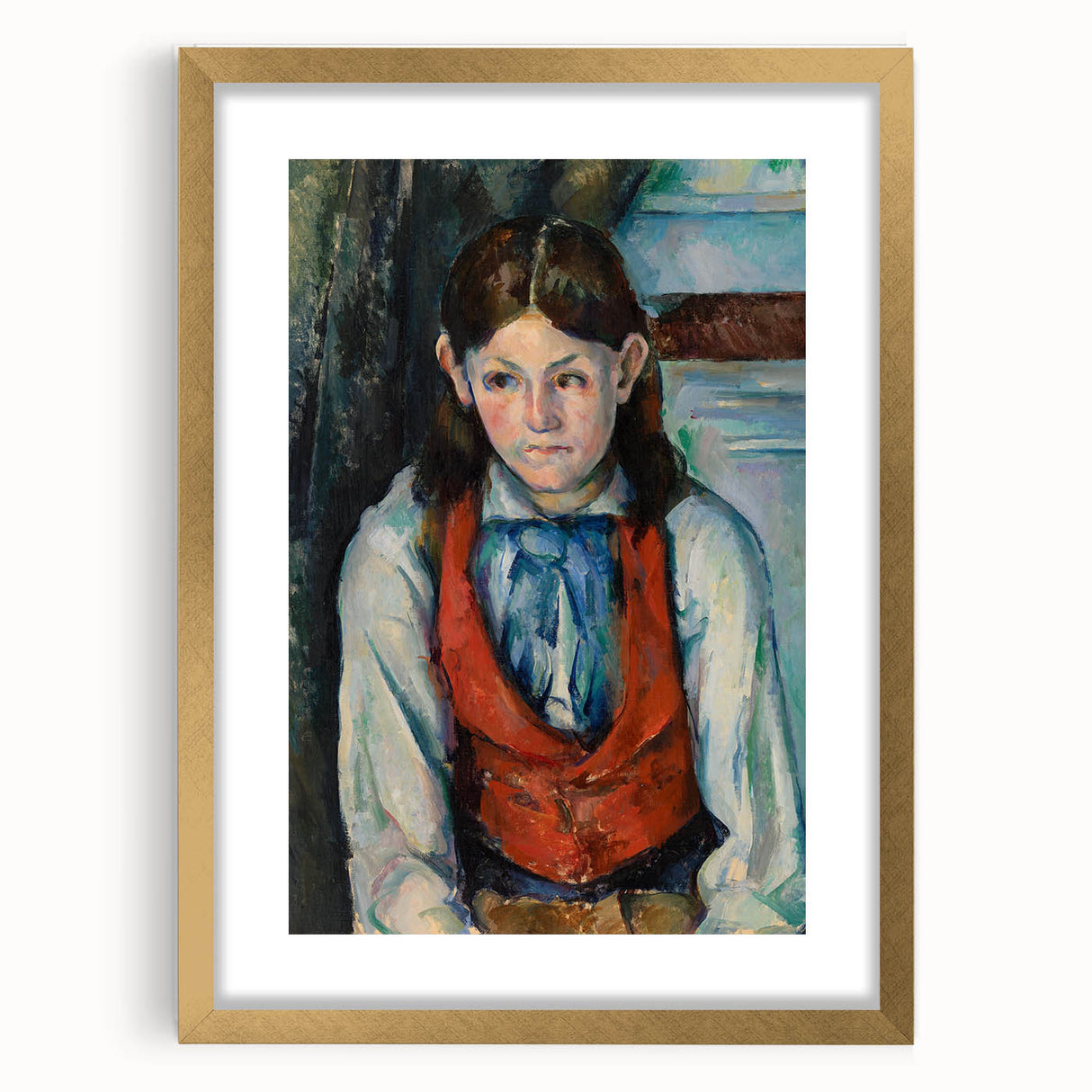 Extra large abstract art print of a textured Paul Cezanne design in a gold frame, ideal for living room decor.