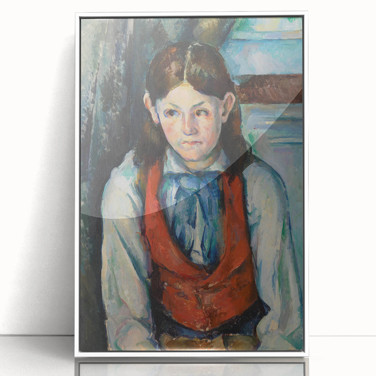 Acrylic print of a Paul Cézanne painting with soft pastel shades, framed in white.