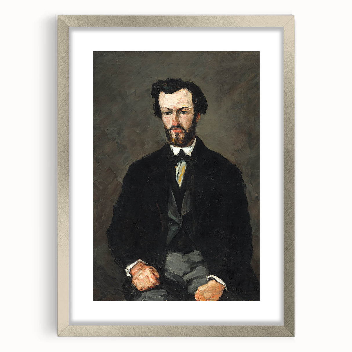 Textured abstract art print by Paul Cézanne, featuring muted earth tones on a framed silver canvas.