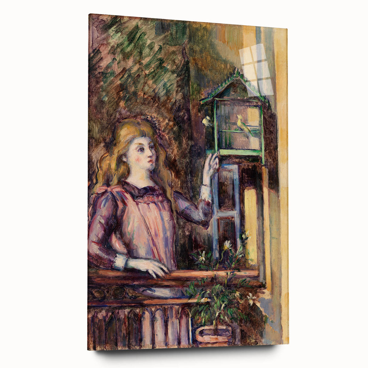 Side view of a large abstract art print by Paul Cézanne on acrylic glass, featuring earthy and green tones.