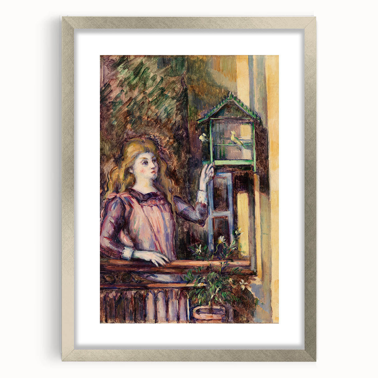 Textured abstract art print by Paul Cezanne in silver frame, featuring soft earth tones, ideal for bedroom art.
