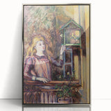 Mid-century modernist art featuring a Paul Cezanne landscape in pastel hues, framed in silver acrylic.