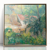 Large art print of Paul Cézanne's 'The Impressionists and Beyond' in a gold frame, featuring mid-century modernist style.