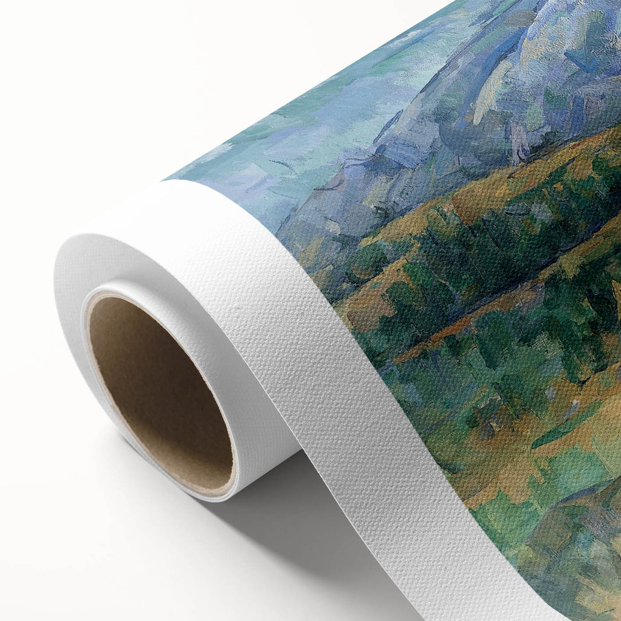 Art deco poster of a Paul Cézanne painting on rolled canvas, featuring muted earth tones.