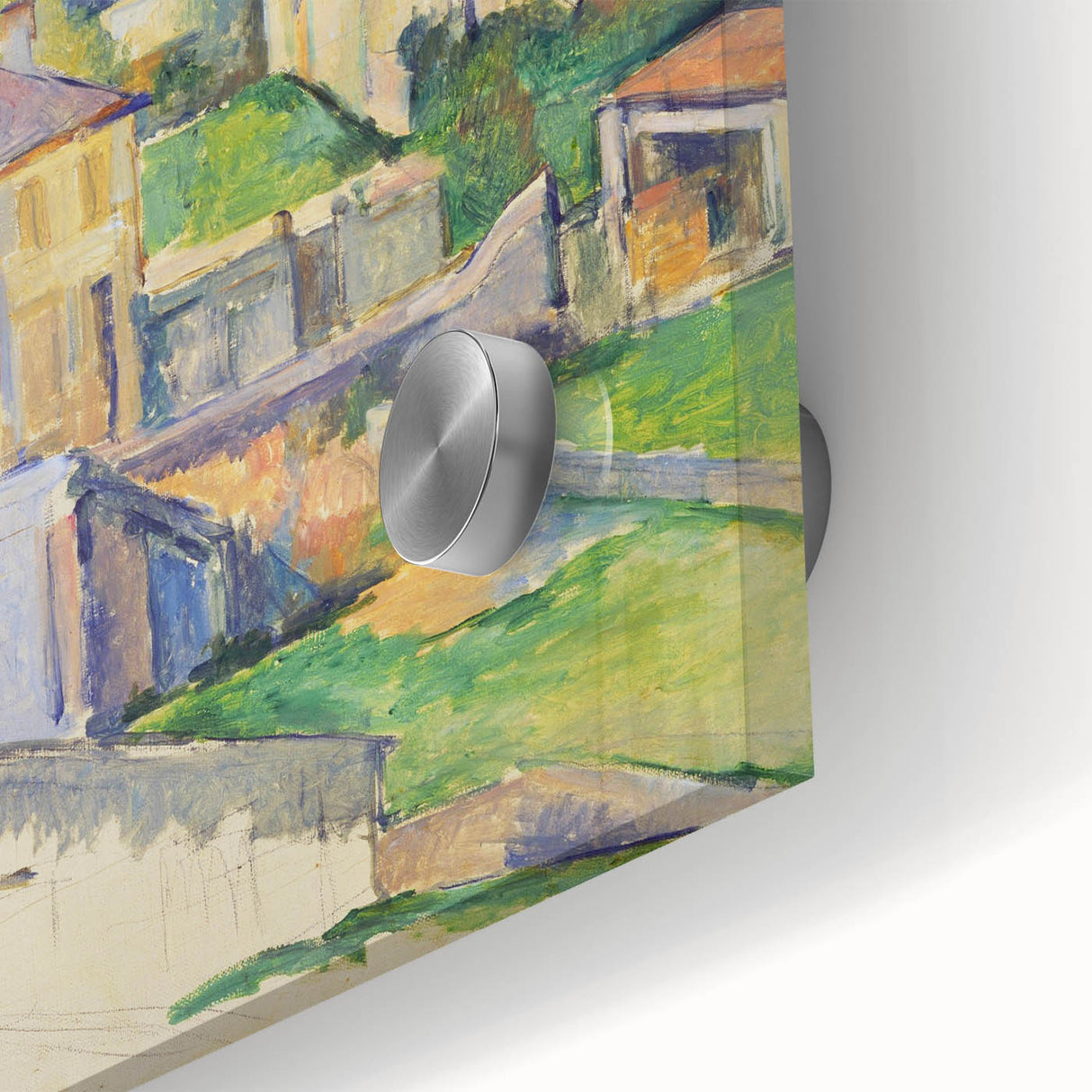 Large abstract wall art by Paul Cézanne in mid-century modernist style, featuring muted earth tones on acrylic glass.