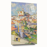 Acrylic print of Paul Cézanne's abstract landscape, with muted blues and greens, ideal for bedroom or dining room art.
