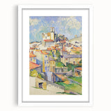 Abstract art print of a Paul Cezanne design in white frame with mat, featuring muted earth tones.