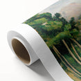 Art deco poster of Paul Cézanne's landscape painting on rolled canvas, featuring muted earth tones.