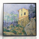 Large abstract wall art by Paul Cézanne featuring mid-century modernist design, muted earth tones, framed in black acrylic.